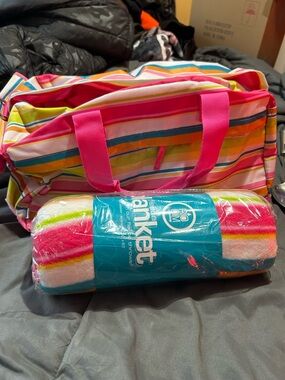 Striped Pink Multi-Color duffel Tote Bag and matching blanket NWT